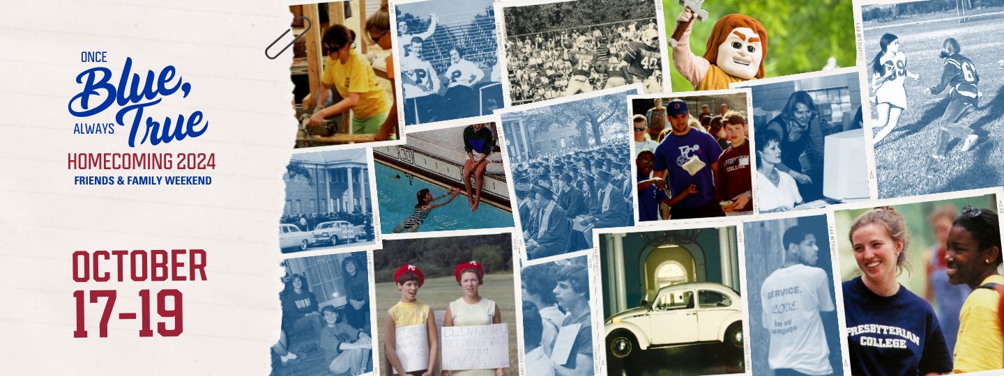 [Slider] Once Blue, Always True: Homecoming 2024 - Friends & Family Weekend, October 17-20 (torn paper on left side of image with above title with a paperclip and a compilation of campus and student photos from PaC-SaCs)