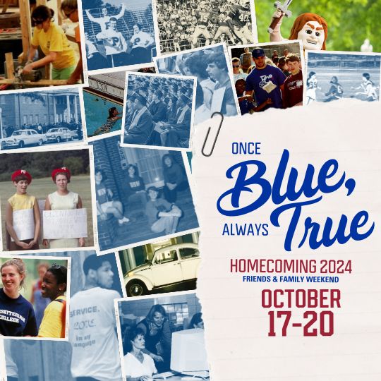 [Mobile Slider] Once Blue, Always True: Homecoming 2024 - Friends & Family Weekend, October 17-20 (torn paper on right side of image with above title with a paperclip and a compilation of campus and student photos from PaC-SaCs)