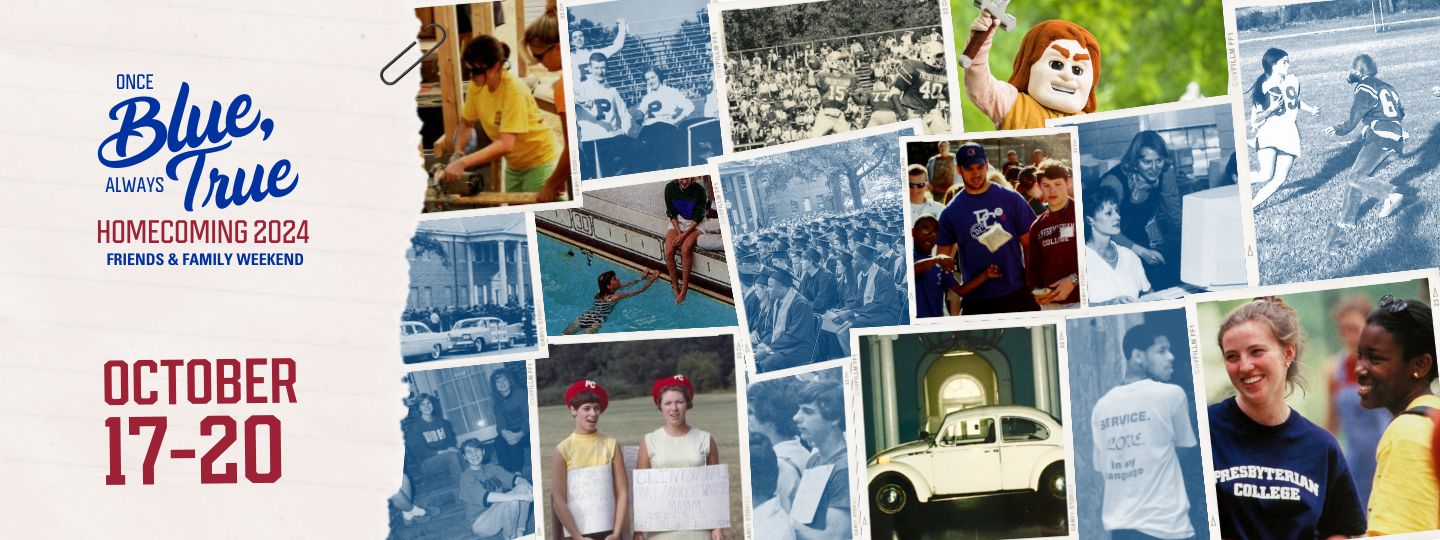 [Slider] Once Blue, Always True: Homecoming 2024 - Friends & Family Weekend, October 17-20 (torn paper on left side of image with above title with a paperclip and a compilation of campus and student photos from PaC-SaCs)