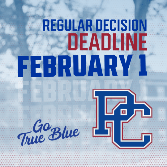 Regular Decision Deadline February 1 mobile slider [graphic includes PC and Go True Blue logos with a view of campus faded out in the duotone background; halftone dots]